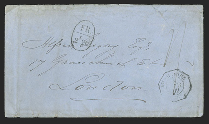 Barranquilla, Columbia to London, cover with colorless embossed seal of the Steam Navigation Company for the Magdalena River on flap, red French Consular 1369 in quadrascected
circle and blue oval EncaminadaporC. Hauer SimmondsSanta-Marta