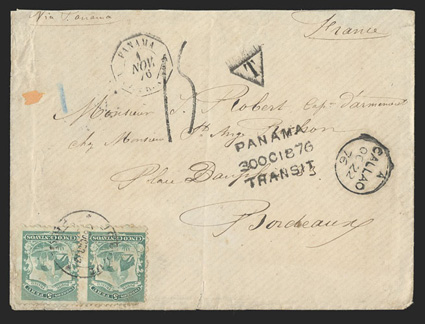 Iquique, Peru to Bordeaux, cover paid to the port by horizontal pair Peru 1866-67 5c Green (16) tied by Iquique, Peru6 Oct 75 datestamp and with ms. Via Panama directive,
entered the British Post Office with CallaoOc 22, 76 datestamp, ar