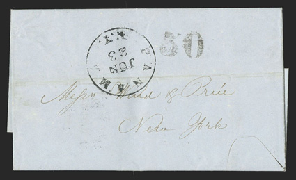 Panama to New York, 1850 folded letter with clear Panama, N.Y.Jun 23 datestamp (the N.Y. is in error, it should have been N.G. for New Grenada) and 30 rate handstamp applied
by the office of U.S. Despatch Agent Amos Corwine, harmless fil