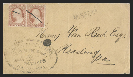 San Francisco to Reading, Pa., cover franked by horizontal pair U.S. 1851 3c Dull red (11) tied by ms. strokes, carried by Commodore Vanderbilts non-contract steamers with
their large oval Independent LineAhead of the MailsUncle Sam and Nort