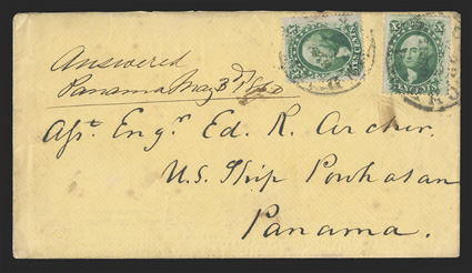 Richmond, Virginia to Panama, yellow cover with all-over advertisement for the Tredegar Iron Works on reverse franked by two 1859 10c Green, Ty. V (35) tied by Richmond,
Va.Apr 12, 1860 datestamps and addressed to an engineer on board the U.S