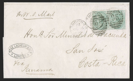 London to San Jose, Costa Rica, folded cover franked by two 1873-80 1- Pale green Plate 12 (64) tied by LondonOc 16, 76 duplex postmarks, Per W.I. Mail and Via Panama
directives, fresh and very fine mail to Costa Rica in this period is