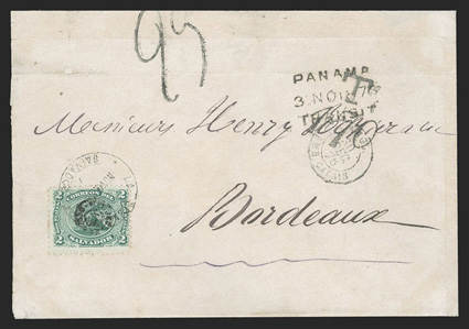 El Salvador to Bordeaux, cover franked with El Salvador 1874 2r Green (7) tied by La Libertad, SalvadorNovembre 1876 datestamp, three-line Panama30 No 1876Transit postmark,
red London transit backstamp, Calais entry c.d.s. with T1-70