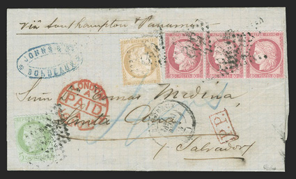 Bordeaux to Santa Ana, Salvador, 1874 folded letter with Via Southampton & Panama directive franked by 1870-73 5c Yellow green on pale blue (53, corner missing), 15c Bister on
yellowish (56, file crease) and horizontal strip of three 1872-75