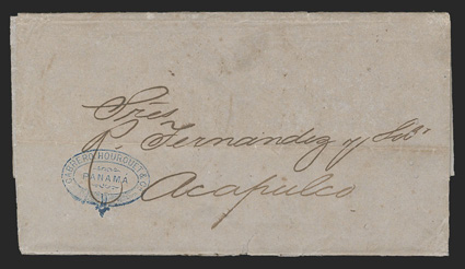 London to Acapulco, 1864 folded letter carried out of the mails to Panama, where it was turned over to a forwarding agent for onward transmission, with fancy blue double oval
Cabrero, Hourquet & CoPanama cachet, cover aged and with internal sp