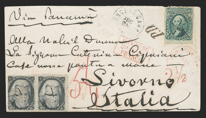 Angels Camp to Livorno, Italy, cover with Via Panama directive franked by 1861 10c Green (68, small faults) and horizontal pair 2c Black (93, left stamp faults), manuscript x
cancels, red New York exchange office datestamp, red boxed Hambu