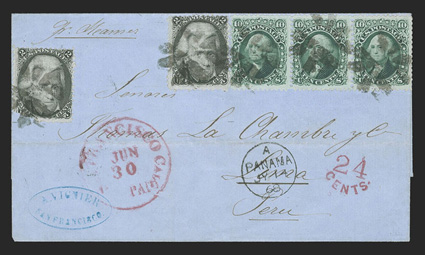 San Francisco to Lima, Peru, folded cover franked by horizontal strip of three 1861 10c Blue green (68a) and two singles 1867 2c Black (87, one with corner missing prior to
usage) all tied by segmented cork cancels, magenta San Francisco Cal.