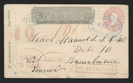 San Francisco to Buenabentura, Chile, 3c Pink on buff entire (U59) with Wells, Fargo & Co. printed frank cancelled by blue oval Wells, Fargo & Co.San FranciscoMar 9 datestamp
with their matching Paid in oval and crayon 10c rate, red oval