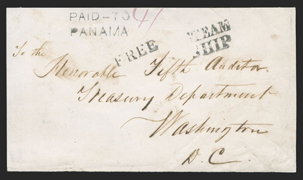 Paita, Peru to Washington, D.C., cover with the colorless embossed seal of the U.S. Consul at Paita on the flap and two strikes of British Post Office PaitaAu 1, 1861
backstamp, two-line Paid - toPanama handstamp with manuscript 4- quadr