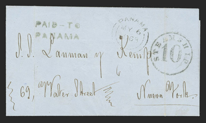 Serena, Peru to New York, folded letter with blue two line Paid - toPanama handstamp, British Post Office double arc PanamaMy 6, 1863 transit and New York Steamship10 blanket
rate arrival postmark, very fine this letter would have e