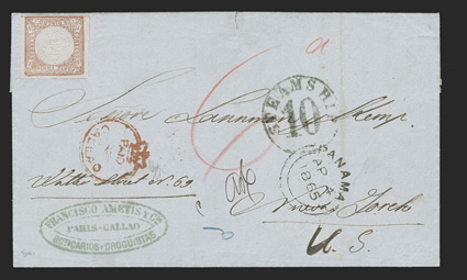Callao, Peru to New York, folded letter franked by 1862 1d Red (12) intended to pay the postage to port, entered the British mails with red crowned circle Paid at Callao, ms.
6d rate and CallaoMr 28, 65 backstamp, B.P.O. double arc P