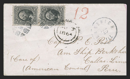 Sandwich, Il. to Lima, Peru, cover to the Captain of the American Ship Berkshire franked by vertical pair 1861 12c Black (67, natural s.e. at left and several perfs. missing
at upper right) tied by two strikes of oval grid, matching Sandwic