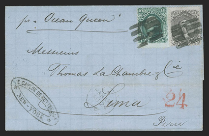 New York to Lima, Peru, folded cover with pr Ocean Queen directive franked by 1861 10c Green (68) and 24c Lilac (78) tied by segmented cork cancels, entered the British mails
with PanamaAu 24, 68 datestamps and red 24 credit handstamp, L