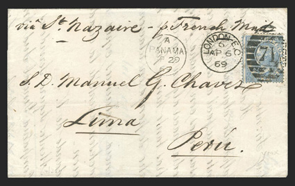 London to Lima, Peru, folded letter with Via St. Nazaire - p French Mail directive franked by 1867 2- Blue (55) tied by London E.C.Ap 6, 69 duplex postmark, B.P.O. PanamaAp
20, 69 transit and Lima backstamp, fresh and extremely fine a
