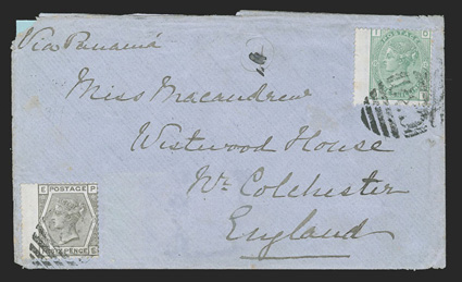 Callao, Peru to U.K., cover to Colchester with Via Panama directive franked by left wing margin copies of Great Britain 1873-80 6d Grey Plate15 and 1- Green Plate 12 tied by
C38 in barred oval cancels (S.G. Z46, Z54), B.P.O. CallaoJy 14,