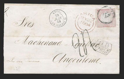 Arica, Peru to France, folded cover franked by 1862 1d Red (12, printed on a paste-up) tied by datestamp, red British Post Office double arc AricaMy 22, 1864 postmark, red
London transit and hexagonal G B2F87 510c accountancy marking,