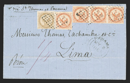 Martinique to Lima Peru, folded letter with Via St. Thomas et Panama directive pre-paid 1.70Fr. by French Colonies 1859 10c Bister (3) and horizontal strip of three and single
40c Orange (5) tied by mute dotted diamond killers, entered the Br