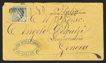 Callao, Peru to Genoa, Italy, yellow cover franked by 1868 2d Green (14) that entered the British mails with C38 barred oval tying the stamp and two CallaoJy 14, 73
backstamps, red London transit and Genoa arrival backstamps, where Italy 18