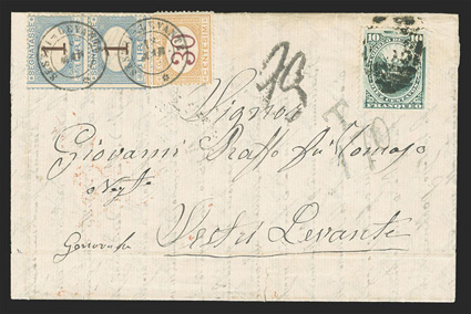 Callao, Peru to Genoa, Italy, folded letter franked by 1874 10c Green (25) that entered the British mails with C38 in barred oval tying the stamp and CallaoFe 13, 78
backstamp, T170 U.P.U. tax mark also applied at Callao, red London back