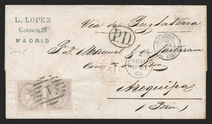 Madrid, Spain to Arequipa, Peru, folded cover with Via de Ynglaterra directive franked by horizontal pair 1867 20c Lilac (93) tied by 1 in barred oval killer, Madrid28 Mar, 68
datestamp, P.D. in oval applied in France on mail to England
