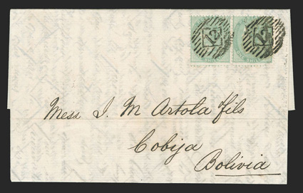 London to Cobija, Bolivia, folded letter franked by horizontal pair 1856 1- Green (28) tied by two bold strikes of 12 in barred oval killer, boxed LondonFe 1, 61 backstamps,
no other markings so must have been sent by closed bag, fresh a