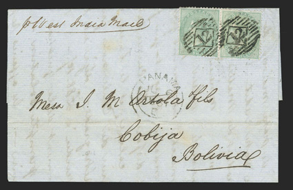 London to Cobija, Bolivia, folded letter with pr West India Mail directive franked by two 1856 1- Green (28) cancelled by two strikes of 12 in barred oval killer, boxed
LondonMy 16, 61 backstamp and double arc PanamaJu 6, 1861 transit