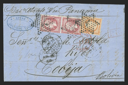 Paris to Cobija, Bolivia, folded letter with Par Atrato Via Panama directive franked by 1862 40c Orange (27) and vertical pair 80c Rose (28) tied by 4 in dotted star cancels,
Paris28 Fevr, 66 datestamp and red boxed P.P., red London