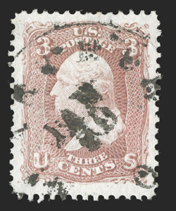 65, 3c Rose, an eye-arresting used example, possessing huge margins all around and being remarkably well centered within these extraordinary borders, rich color and a well
defined impression, c.d.s. cancel, extremely fine jumbo almost never see