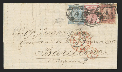 Guayaquil, Ecuador to Barcelona, Spain, folded letter franked by Great Britain 1864 1d Rose Plate 105, 1867 3d Rose and 2- Blue (S.G. Z3, Z8, Z29) tied by three strikes of C41
in barred oval, double arc B.P.O. GuayaquilFe 9, 1870 backstamp