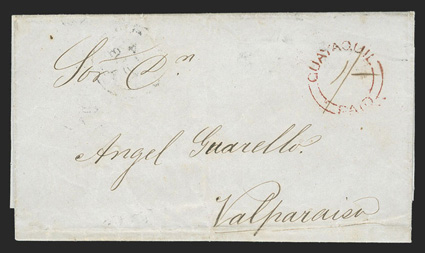 Guayaquil, Ecuador to Valparaiso, Chile, folded letter with red British Post Office split circle GuayaquilPaid postmark with manuscript 1- rate at center, double arc
GuayaquilFe 4, 1858 backstamp, very fine a crowned circle handstamp wa