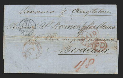 Valparaiso, Chile to Bordeaux, folded cover with Panama y Angleterre directive with nice strike of red Paid at Valparaiso crowned circle without stop, crayon 18 rate and
double arc ValparaisoAp 7, 1866 backstamp, red London transit and
