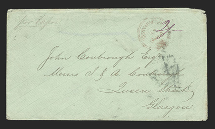 Valparaiso, Chile to Glasgow, cover with red Paid at Valparaiso crowned circle with stop, manuscript 2- rate and double arc ValparaisoMy 3, 1868 backstamp, GlasgowJu 14, 68
arrival backstamp, fine.