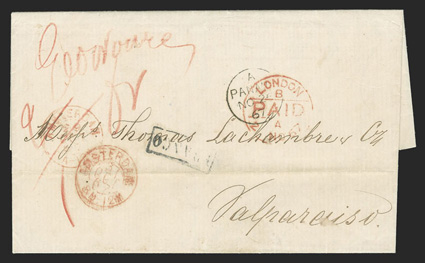 Amsterdam to Valparaiso, Chile, folded letter with twice struck red double circle Amsterdam29 Oct, 67 postmark, red manuscript rate on front, manuscript 130 cent charge on
reverse and boxed Franco handstamp indicating postage was paid in c