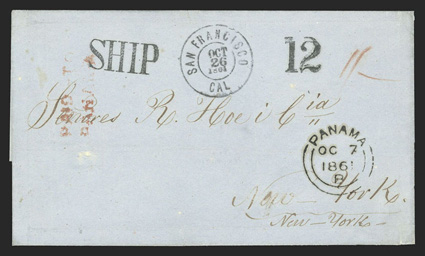 Valparaiso, Chile to New York, folded cover that entered the British mails with double arc ValparaisoSp 12, 1861 backstamp, red two-line Paid - toPanama handstamp and red
manuscript 1- rate, PanamaOc 7, 1861 transit, apparently missen