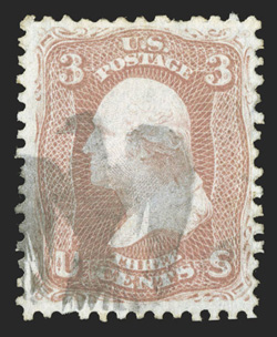 65, 3c Rose, fresh single cancelled by a clean strike of fancy Eagle postmark of Cambridge, Mass. (S-E PA-B23), trivial corner crease, very fine a marvelous and nearly complete
strike of this rare and desirable cancel 2010 PF certificate.
