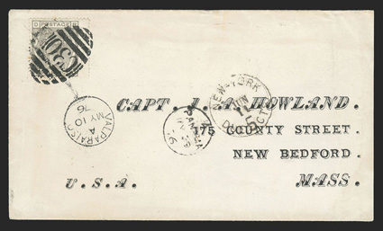 Valparaiso, Chile to New Bedford, Mass., cover with pre-printed address franked by Great Britain 1875 6d Grey Plate 14 (S.G. Z75) tied by bold C30 in barred oval, B.P.O.
ValparaisoMy 10, 76 datestamp, Panama transit, New-YorkDue 5 ctsJun