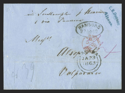Hamburg to Valparaiso, Chile, two folded covers from the same correspondence showing the change in rates in 1863 due to a modification of the 1852 British-Prussian Postal
Convention, first 27 December, 1862 with pencil 39 schillinge rate made u