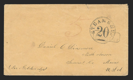 Beechworth, Victoria to North Anson, Maine, buff cover with Per Golden Age directive with oval rimless Beechworth, VictoriaAp 29, 1854 backstamp, boxed Paid atBeechworth
handstamp and red manuscript 5 rate, carried by the Golden Age