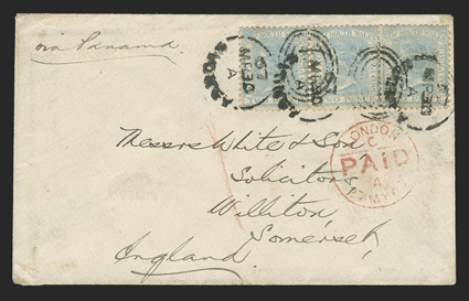 Sydney to England, cover with Via Panama directive franked by horizontal strip of three New South Wales 1863 2d Cobalt blue (48b) tied by three strikes SydneyMar 30, 67
duplex, carried on board the S.S Rakaia departing 1st April, 1866,