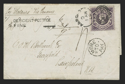 Sydney to England, folded cover with Per Mataura Via Panama directive franked by New South Wales 1860 6d Violet (40) tied by SydneyMy 1, 67N.S.W. duplex, judged to be
underpaid, probably due to weight and struck with two-line Deficient-Po