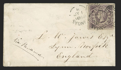 Sydney to England, cover with Via Panama directive franked by New South Wales 1860 6d Violet (40) tied by twice struck SydneyJy 1, 1868N.S.W. duplex, carried by the S.S.
Ruahine departing 2nd July, LynnAu 26, 68 arrival backstamp, v