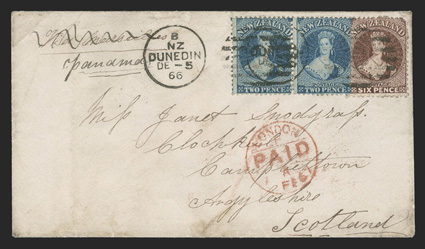 Dunedin to Scotland, cover with Via Marseilles directive crossed out and replaced with Panama franked by horizontal pair 1864 perf. 12½ 2d Blue (32) and 6d Red brown (36) tied
by twice struck NZDunedinDe-5, 66 duplex postmarks, carried