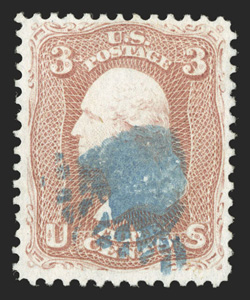 65, 3c Rose, fresh color and a strong impression, cancelled by a complete fancy blue Acorn postmark of Cincinnati (S-E PP-N2), very fine a choice strike of this eye-catching
cancel 2009 PF certificate.