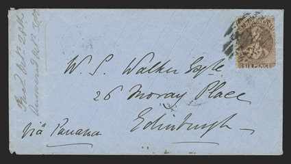 Alford Forest, N.Z. to Edingurgh, blue cover with Via Panama directive franked by 1864 perf. 12½ 6d Brown (36a) cancelled by manuscript AF of Alford Forest and C in barred
oval of Christchurch, ChristchurchNew ZealandSe 3, 68 and Edin