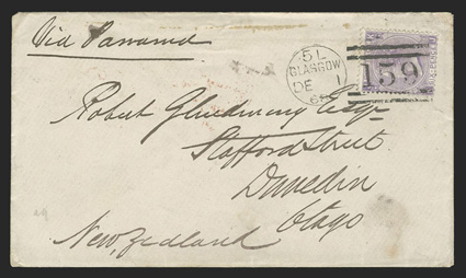 Glasgow to Dunedin, cover with Via Panama directive franked by 1867 6d Dull violet with hyphen Plate 6 (50) tied by GlasgowDe 1, 68 duplex, red London transit and DunedinFe 3,
69 backstamp, carried on board the S.S. >IRuahine departing