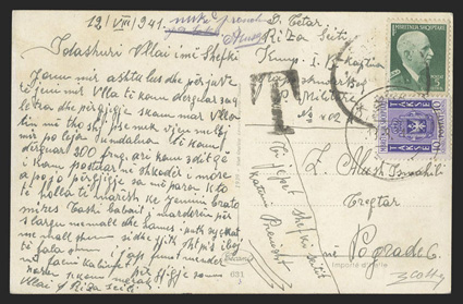 J41, 1940 10q Bright violet postage due, picture post card to Podradec franked by 1949 5q Green (313) that was written 12 August 1941 by a soldier at military post no. 402
assigned to the commando base at Durazzo, stamp tied by indistinct c.d.s