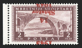 Michel 12K, 1943 2Fr Brown lake, inverted overprint, split vertically, left sheet-margin single, post office fresh, o.g., n.h., very fine only a single sheet of 50 was
discovered 1998 Krischke certificate.