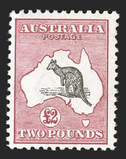 15, 1913 £2 Deep rose and black, beautiful rich colors and sharp impressions, o.g., relatively lightly hinged, a very fine example of this popular high value (S.G. 16
£4,250).