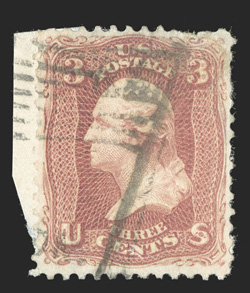 65, 3c Rose, single with exceptionally rich color and a few short perfs. tied to piece by Waving Flag with Union postmark of Healdsburg, Ca. (S-E PT-F33), very fine strike 2009
PF certificate.