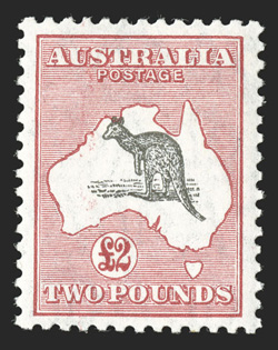 102, 1930 £2 Dull red and black, an exceedingly choice mint example of this high value, well centered and margined, gorgeous bright colors, pristine o.g., never hinged, very
fine choice never hinged copies of any of the £2 Kangaroos are very sc
